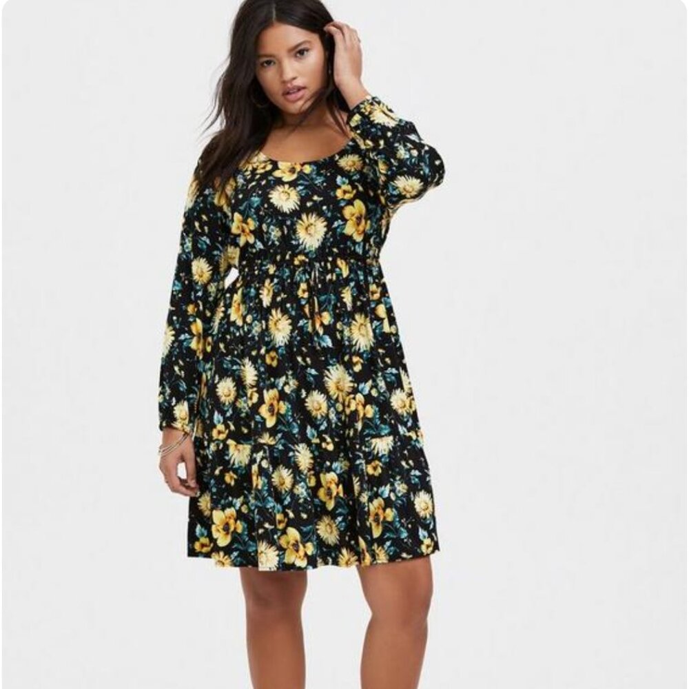 Torrid Size 3 (22/24W) Black w/Yellow Flowers Mini Challis Skater Dress NWT